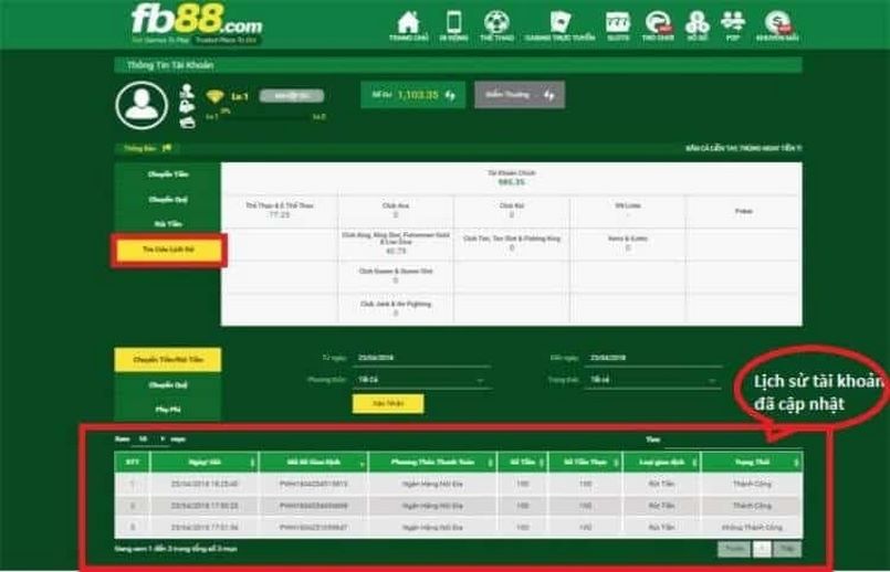 Giao diện rút và bảng cập nhật lịch sử tài khoản
